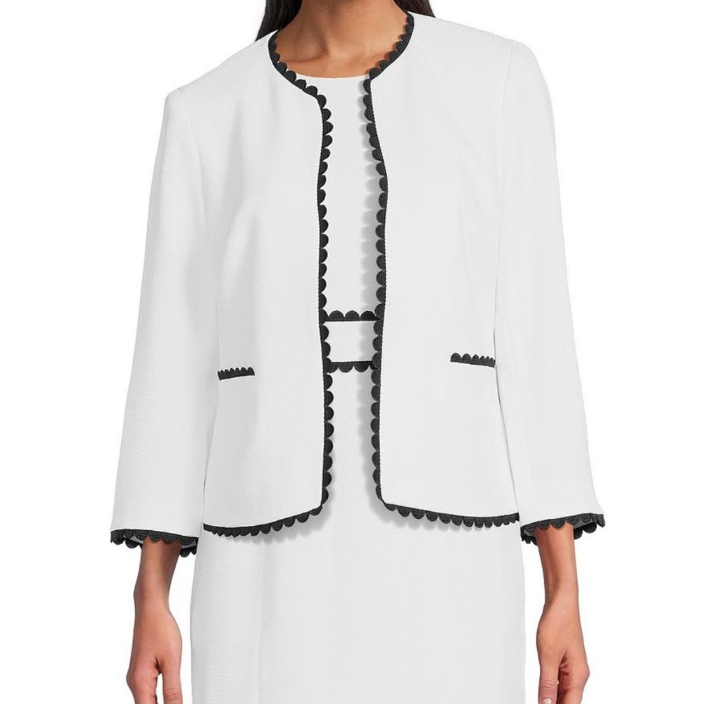 White Waffle Jacket w/  Black Scallop Trim 3/4 Sleeve Easter Outfit sz 4